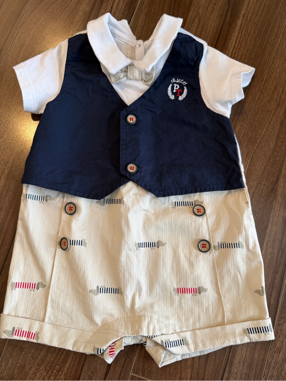 chic Navy & Cream Romper with Bow Tie Accent 9 month
